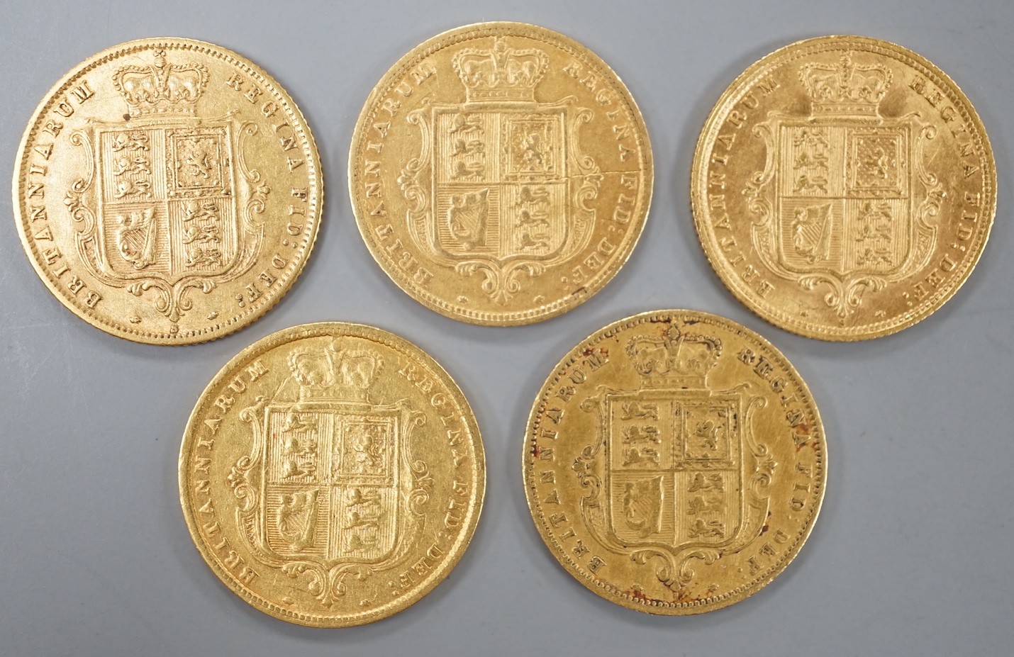 Five Victoria gold half sovereigns, 1875,76, 83,85 & 87